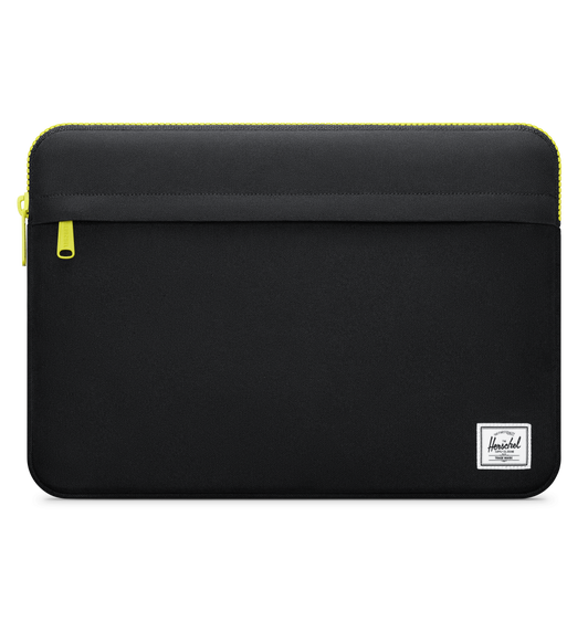 The Herschel Supply Anchor Sleeve for MacBook features a top zip, a front zip pocket and the company logo at the lower right