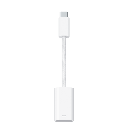 USB-C til Lightning-mellemstik, USB-C-stik, flettet kabel, Lightning-port.