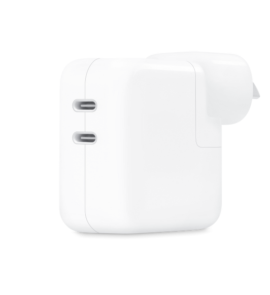 The 35-watt Dual USB-C Port Power Adapter allows you to charge two devices at the same time.