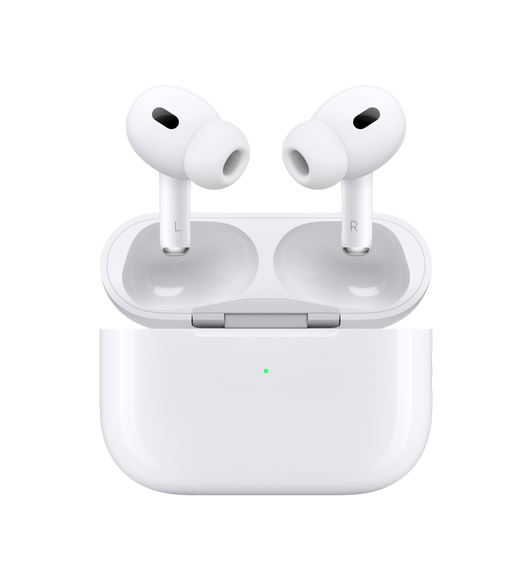 Interior AirPods Pro and MagSafe Charging Case, Right and Left Earbud with Noise Cancelling Microphone at Top of Each Bud, Silicone Tip at End of Each Bud. Top of MagSafe Case Open, Attached by Silver Hinge.