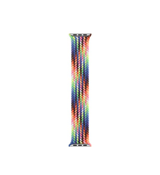 Pride Edition Braided Solo Loop band, threads woven in a neon array of colors inspired by the vibrant rainbow Pride flag, with no clasps or buckles