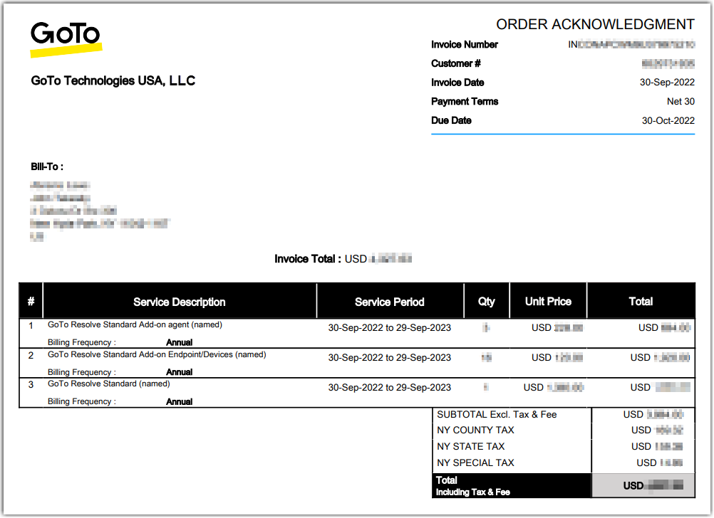 GoTo Resolve sample invoice