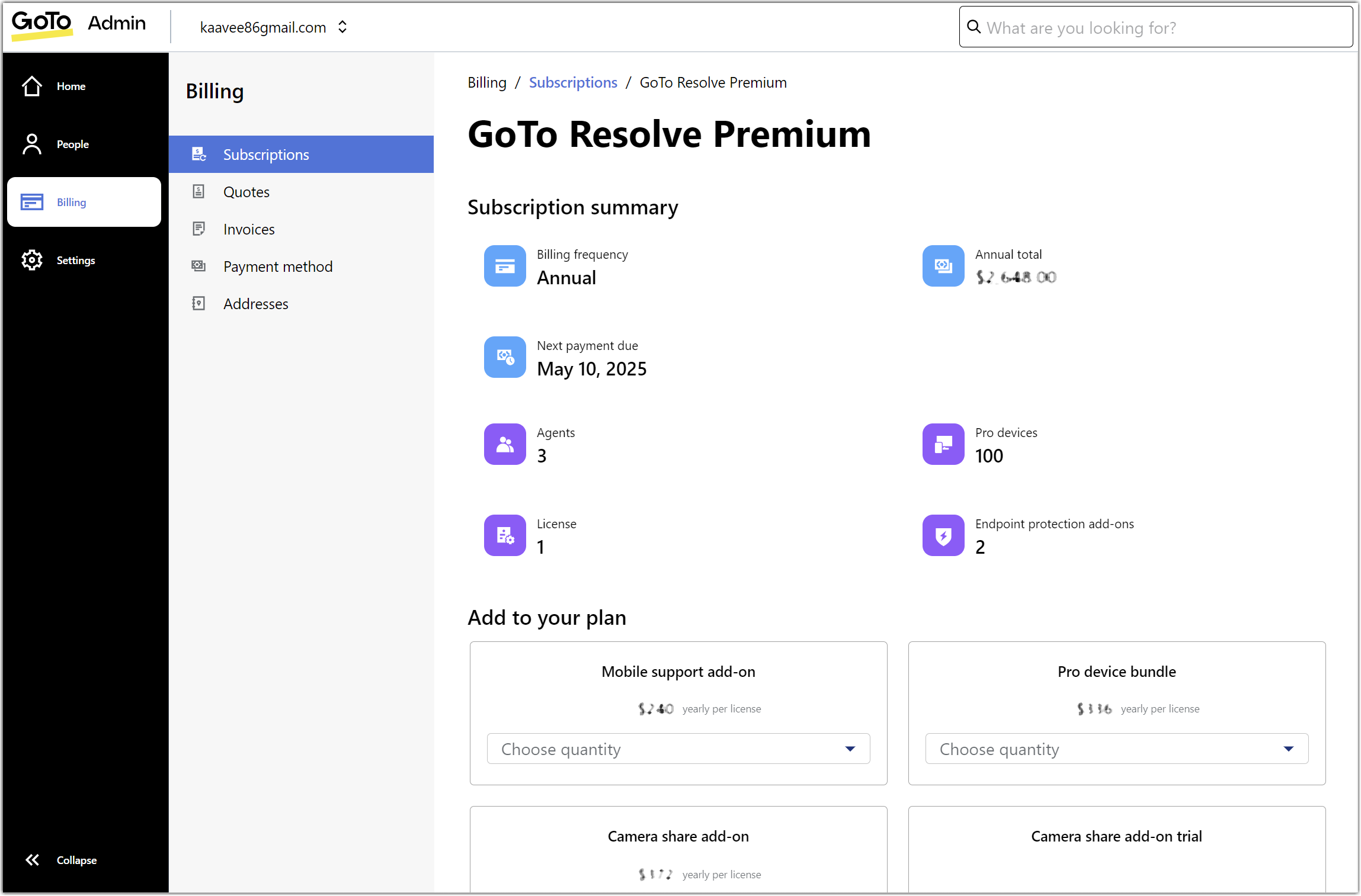 Billing subscriptions summary with upgrade options view