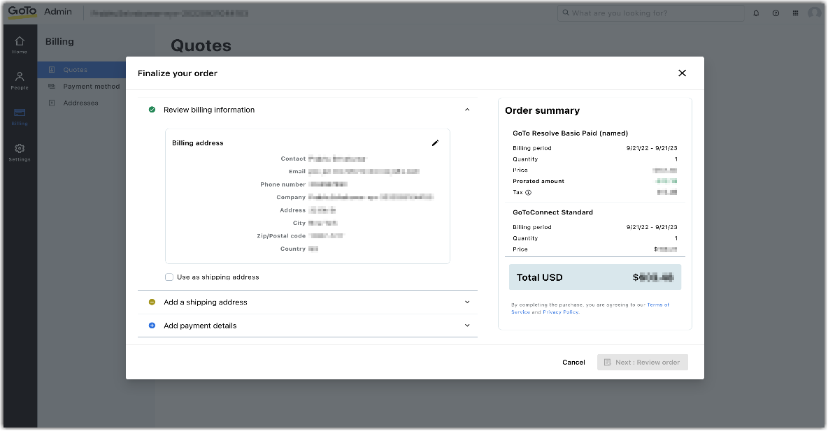 Review billing address view