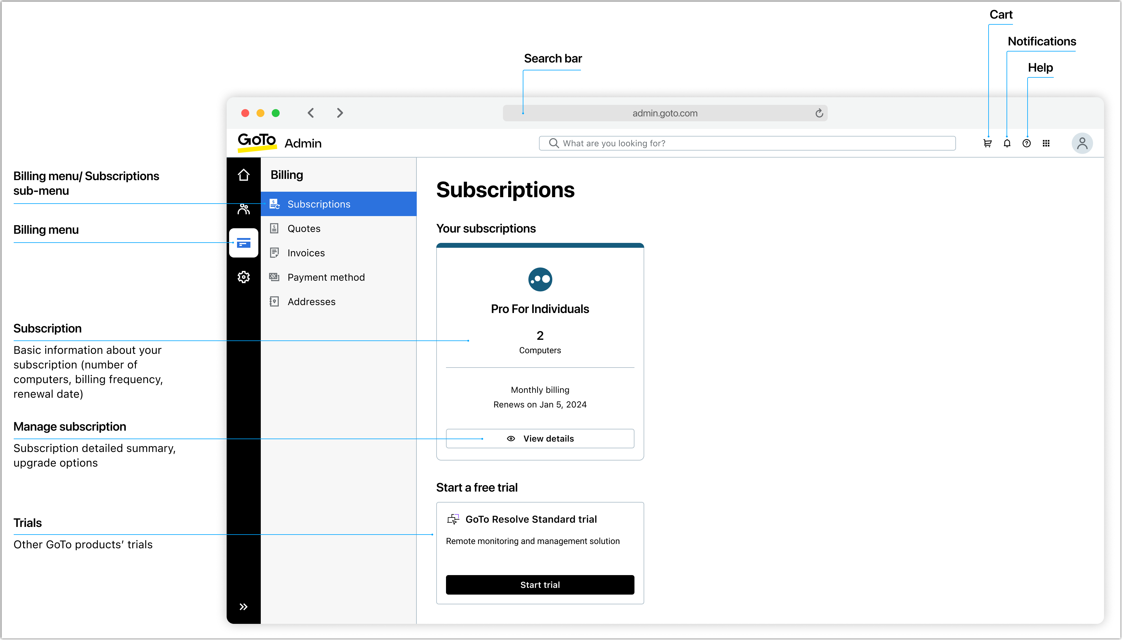 Billing subscriptions view