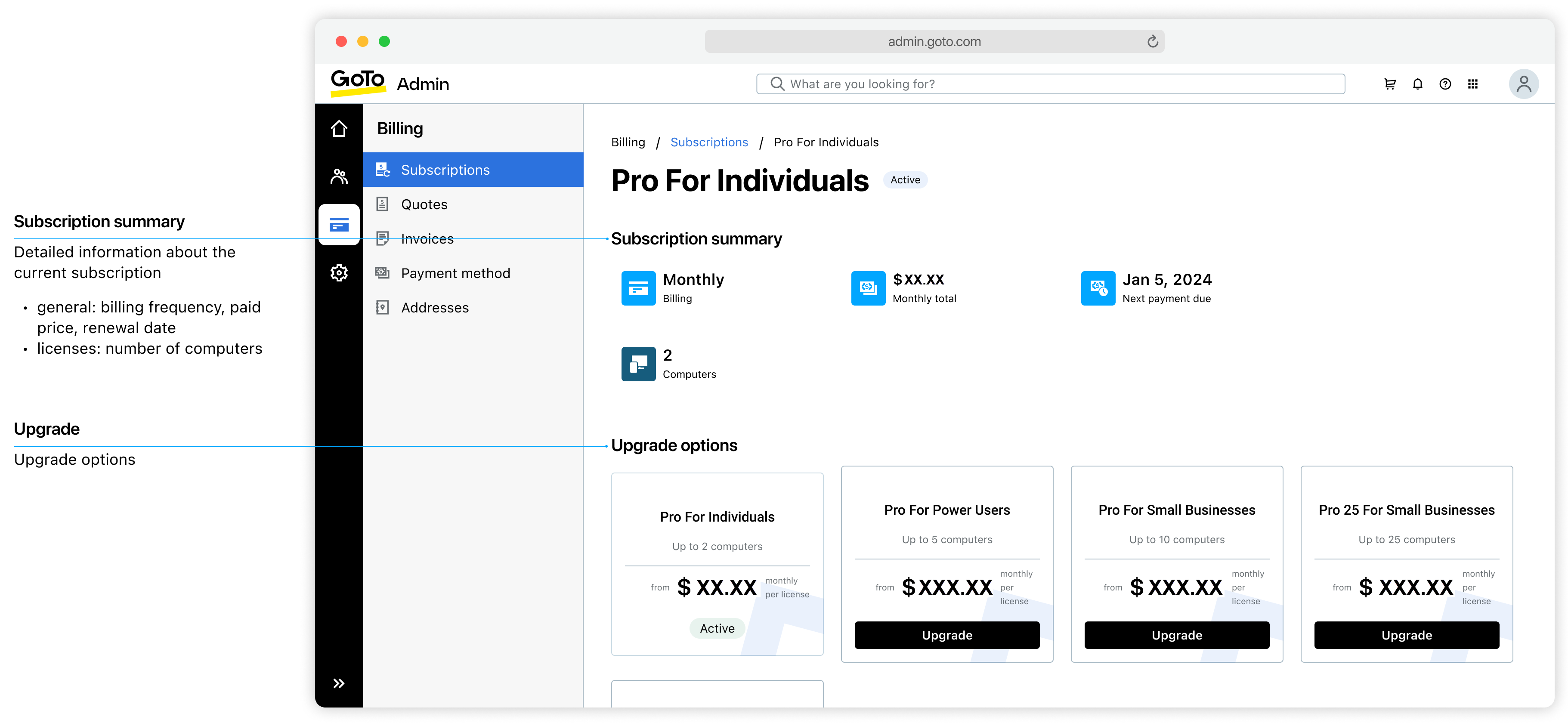 Billing subscriptions summary with upgrade options view