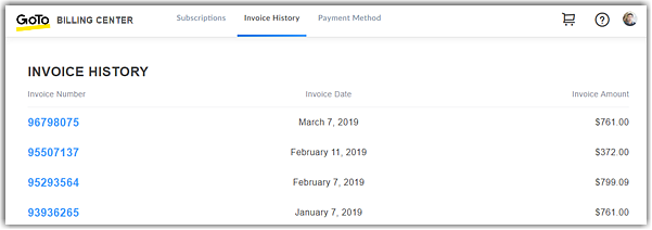 Invoice history in the Billing Center