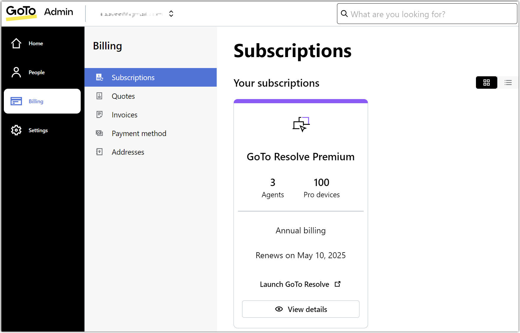 Billing subscriptions view