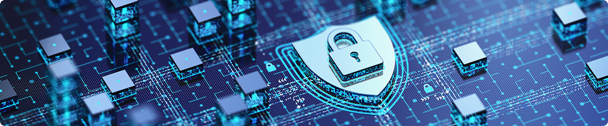 A stylized image of a circuit board with a lock and shield represent the security of protect your business systems with Bell DDoS solutions  