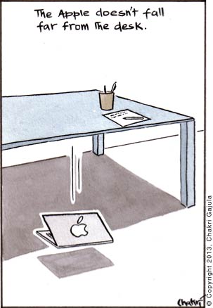 An Apple laptop/computer falling with a caption 'The Apple doesn't fall far from the desk'