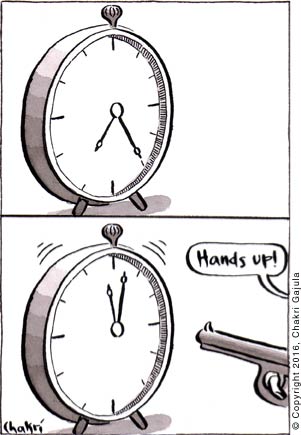 Panel 1: An old table clock showing a time of 7:25.  Panel 2: Someone going 'Hands up!' with a gun and the clock raising both its hands to show a time of 11:03