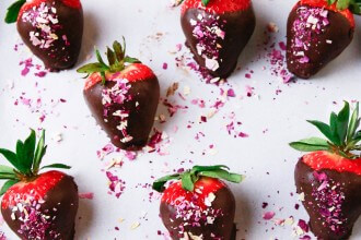 Chocolate Covered Strawberries with Rose Petals