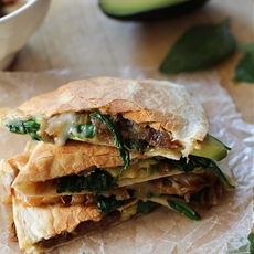 caramelized onion, spinach, and avocado quesadillas