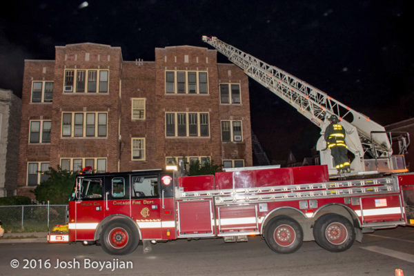 Chicago FD ladder truck at fire scene