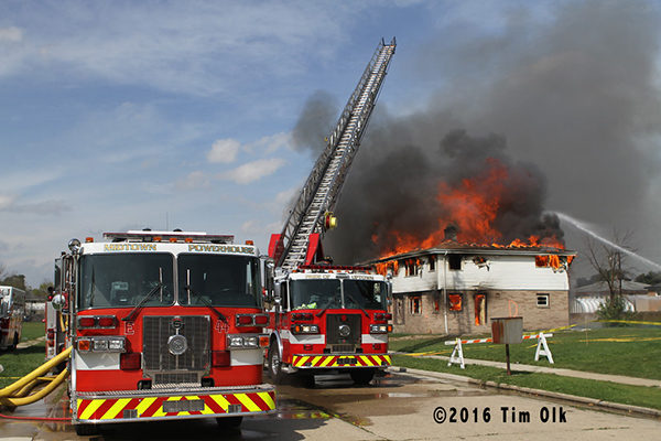 Kenosha fire trucks at burn down