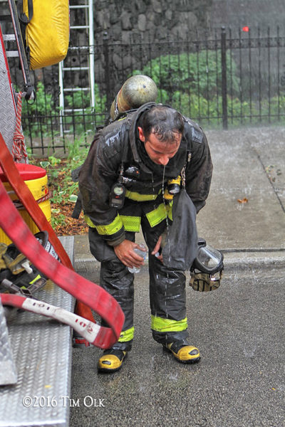 firefighter tries to call down after a fire