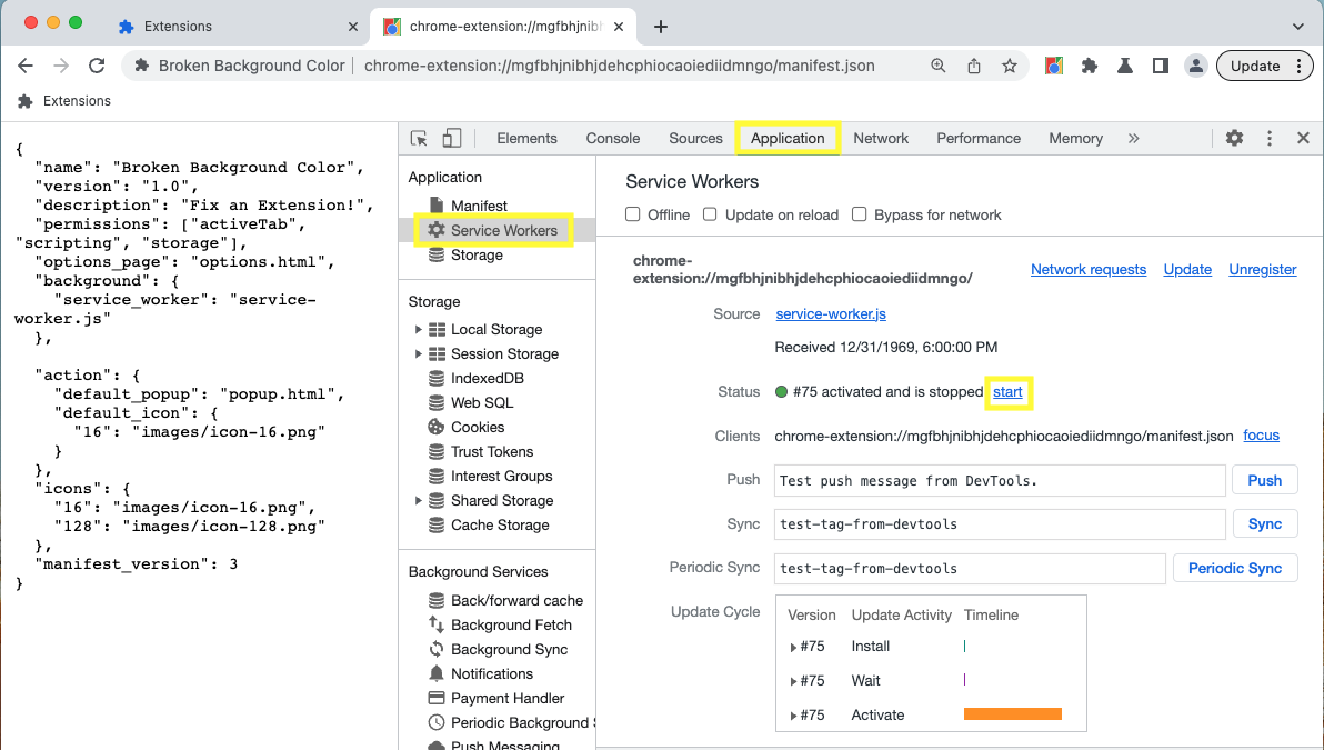 Stato del service worker nel riquadro Applicazione