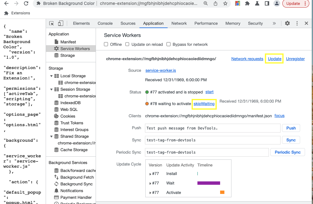 Stato del service worker nel riquadro Applicazione