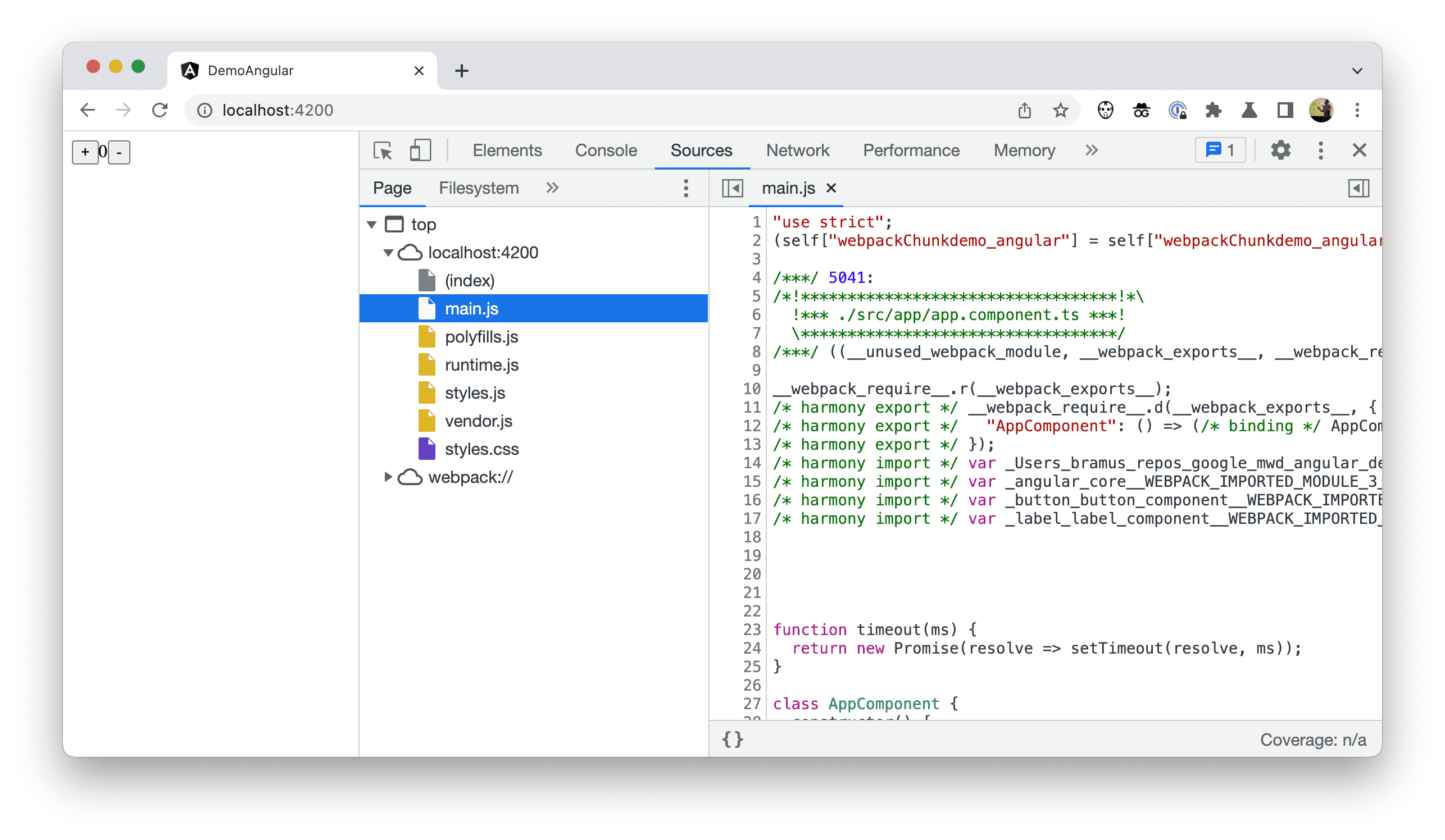 Chrome DevTools-এ ফাইল ট্রির স্ক্রিনশট ডিপ্লোয়েড কোড দেখাচ্ছে।