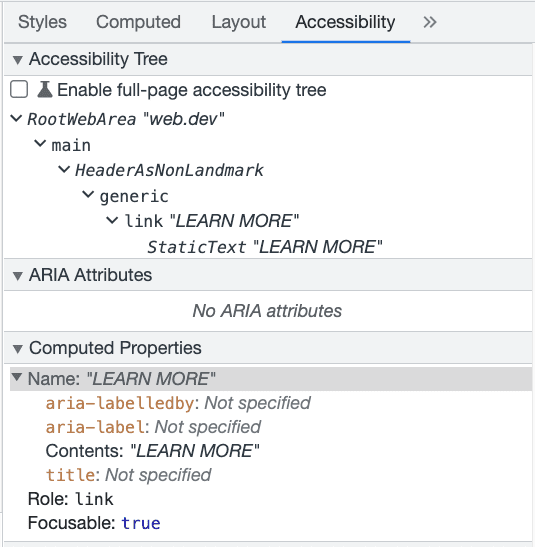 The Chrome DevTools accessibility pane.