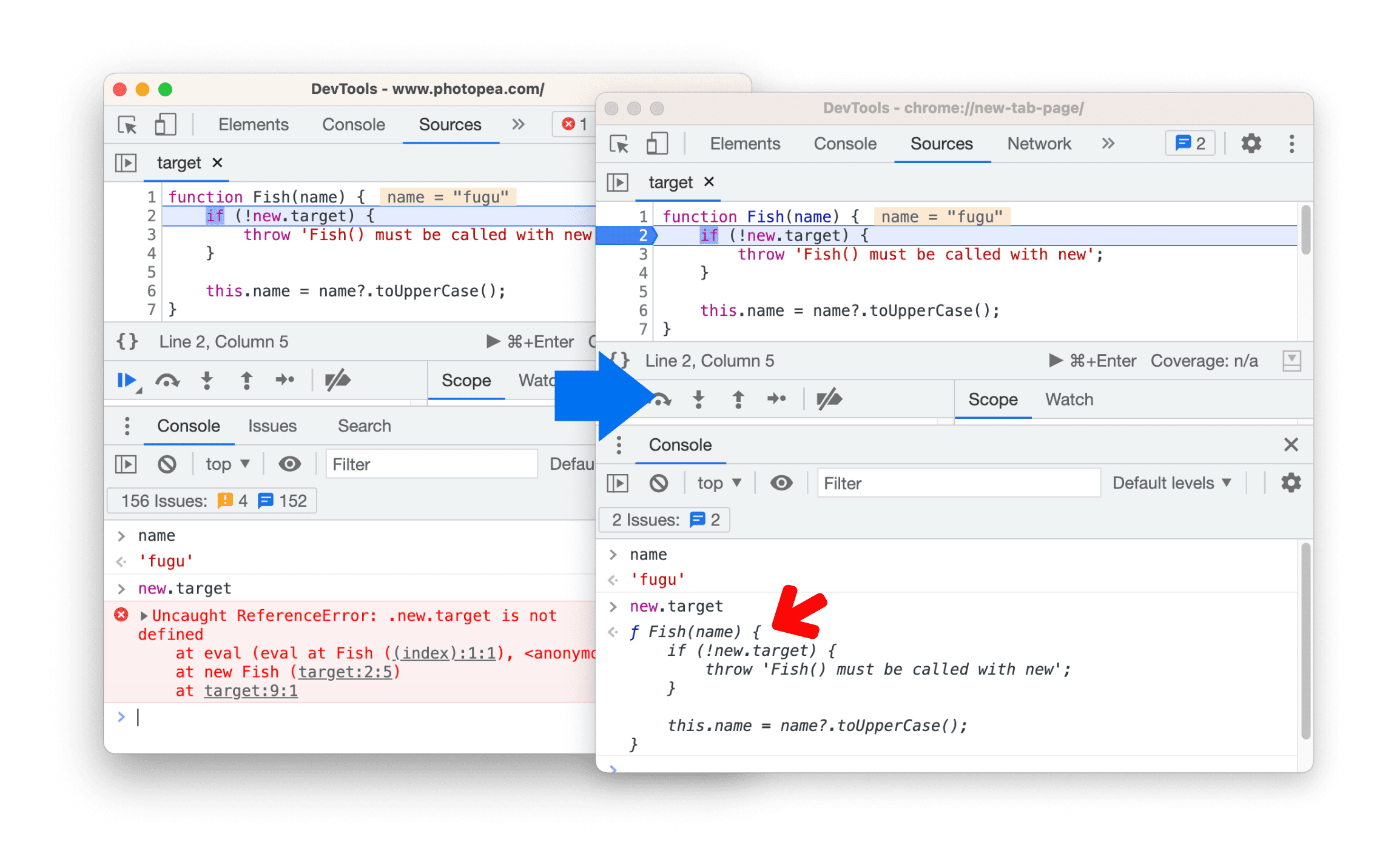 Mostra il confronto prima e dopo il debug della valutazione di new.target.