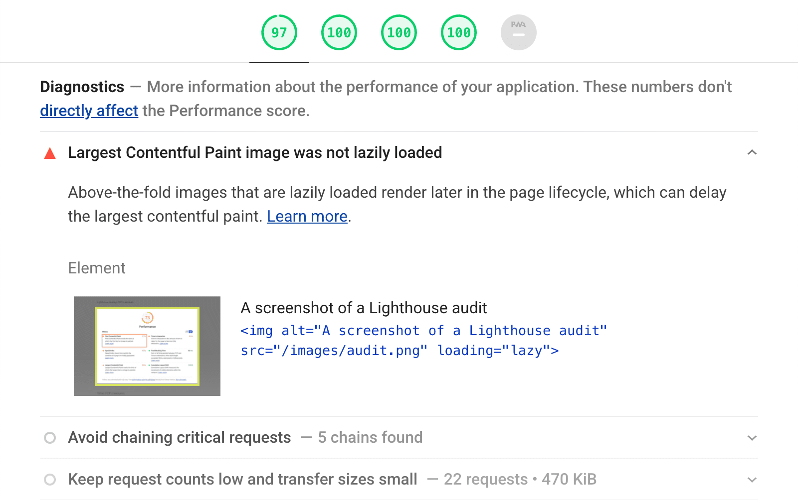 Auditoria de LCP com carregamento lento em um relatório do Lighthouse