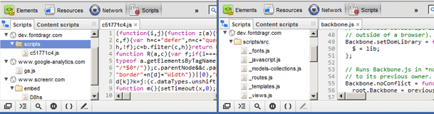 Beispiel für WebKit-Entwicklertools für aktivierte Quellzuordnungen und deaktivierte Source Maps.