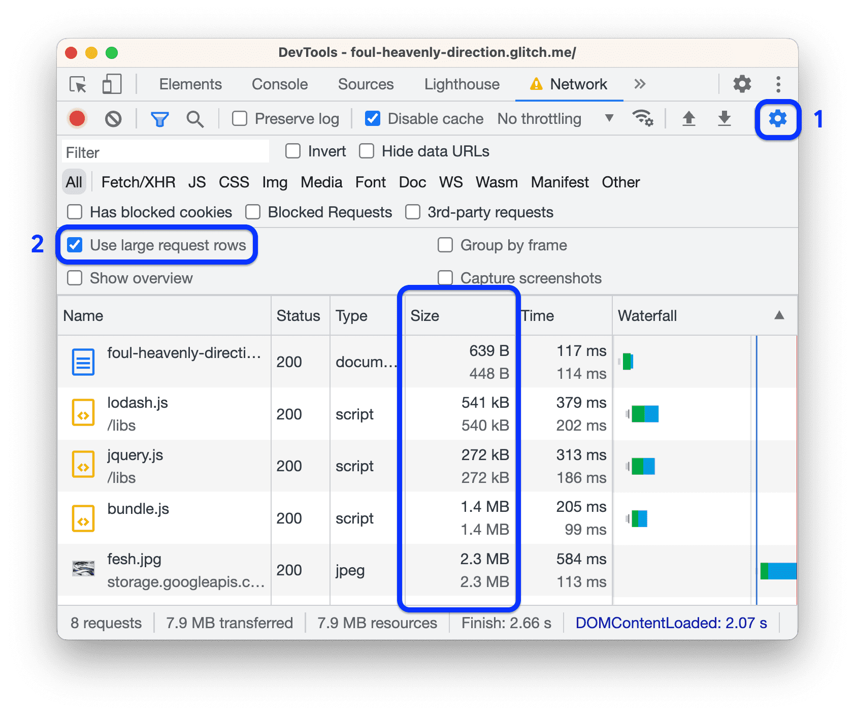 The Size column in the Network panel showing large request rows.