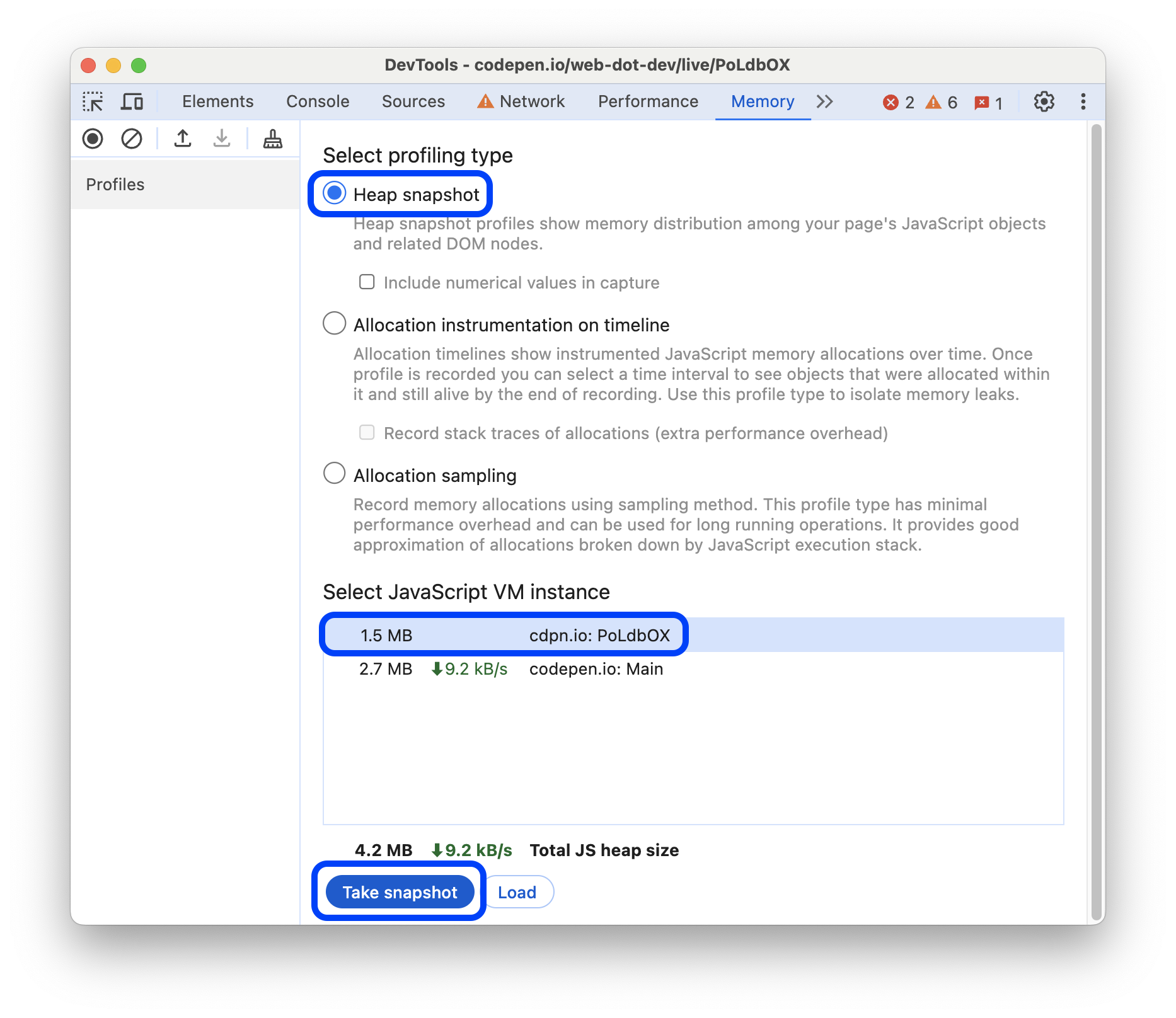 Un tipo de perfilado y una instancia de VM de JavaScript seleccionados.