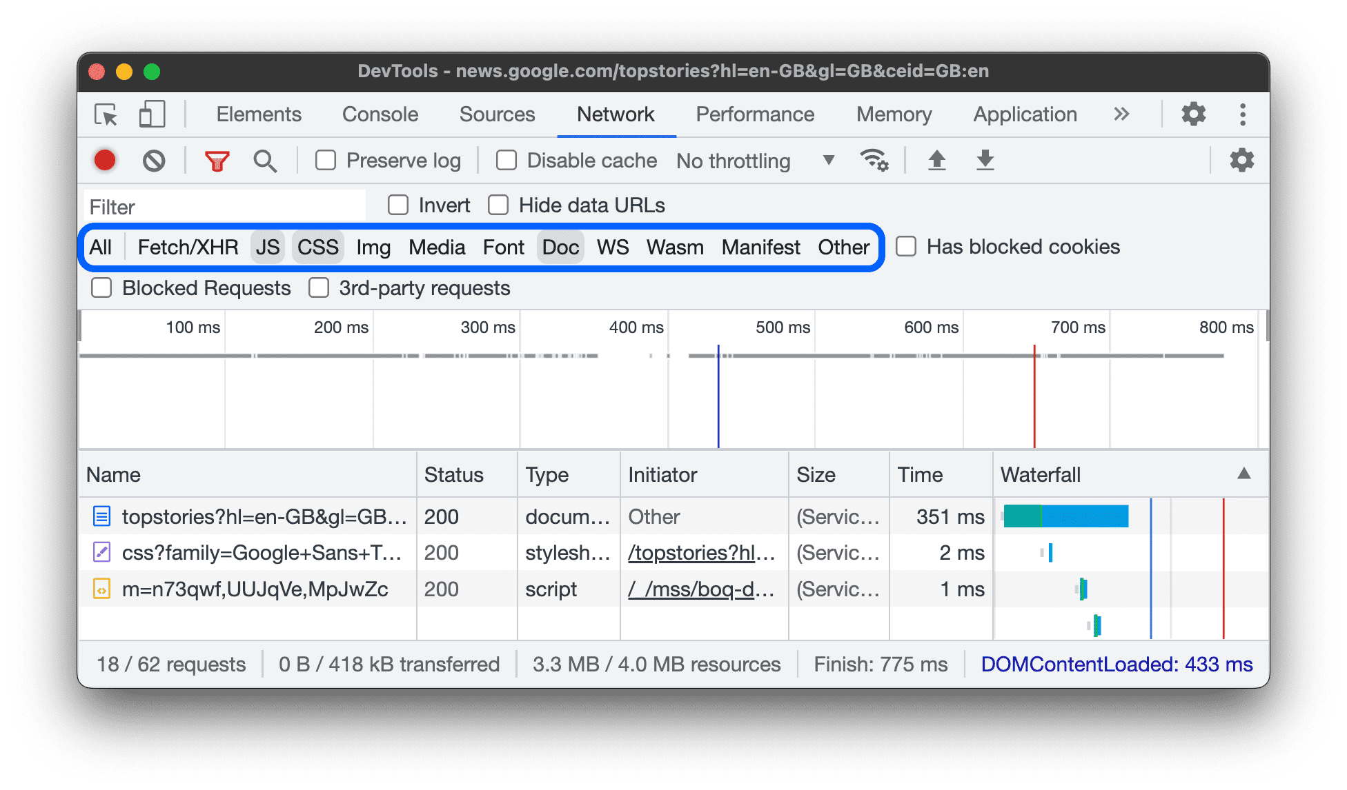 استفاده از فیلترهای نوع برای نمایش منابع JS، CSS و Document.