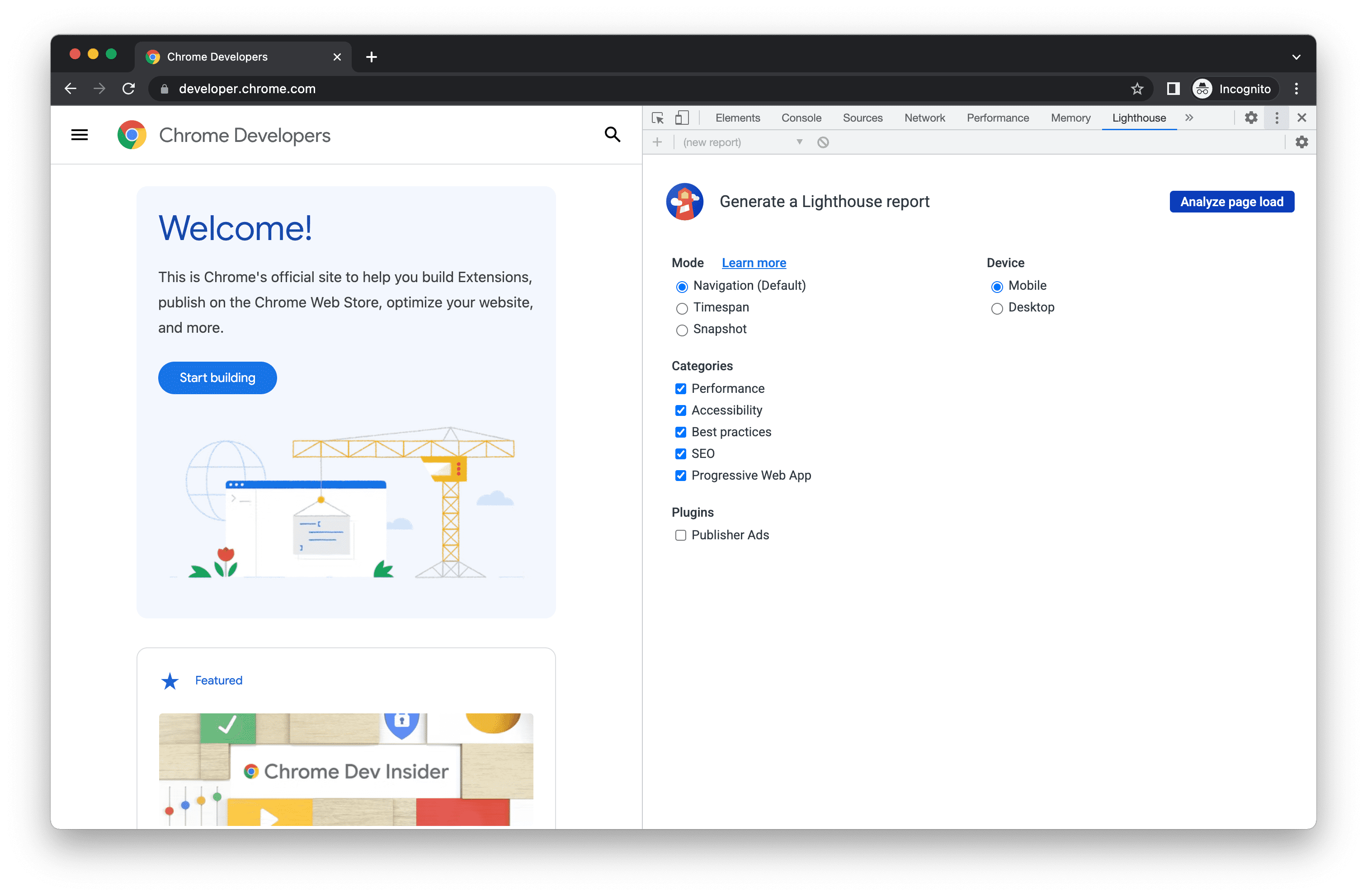 لوحة Lighthouse في &quot;أدوات مطوري البرامج في Chrome&quot;