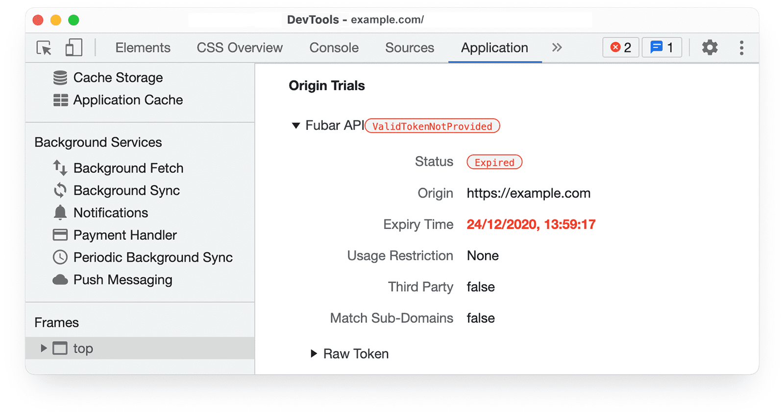 Narzędzia deweloperskie w Chrome 
informacje o testach origin w panelu aplikacji pokazujące wygasły token.