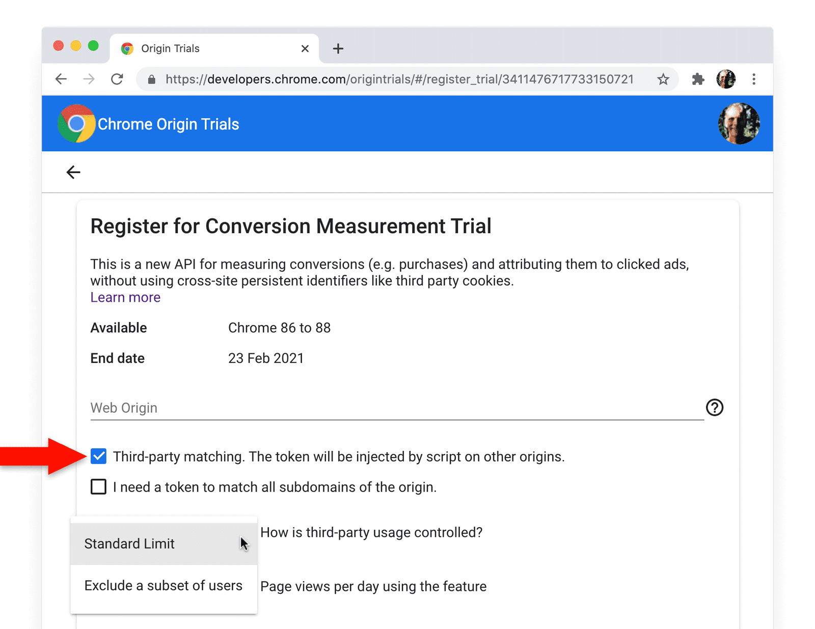 서드 파티 일치 체크박스가 선택된 Conversion Measurement API의 Chrome 오리진 트라이얼 등록 페이지