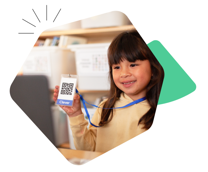 Elementary age student holding up a Clever Badge