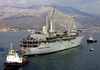 With The Help Of Tugboats, The Submarine Tender, Uss Emory S. Land (as-39), Is Maneuvered Into Place Alongside The Command Ship, Uss La Salle (agf 3). Image