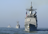 Uss Mobile Bay (cg 53) And Other U.s. Navy And Coast Guard Ships Line Up In Formation To Parade Across San Francisco Bay And Commence Navy Fleet Week 2003 Festivities Image