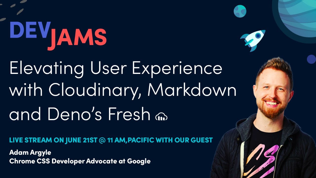 Thumbnail from the event, title is Elevating User Experience with Cloudinary, Markdown and Deno's Fresh