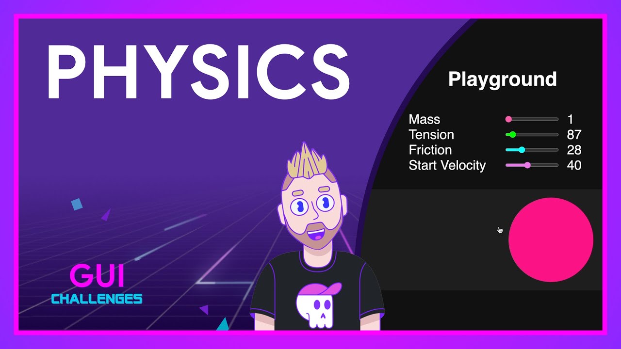 GUI Challenges character next to a set of controls for mass, tension, friction and start velocity