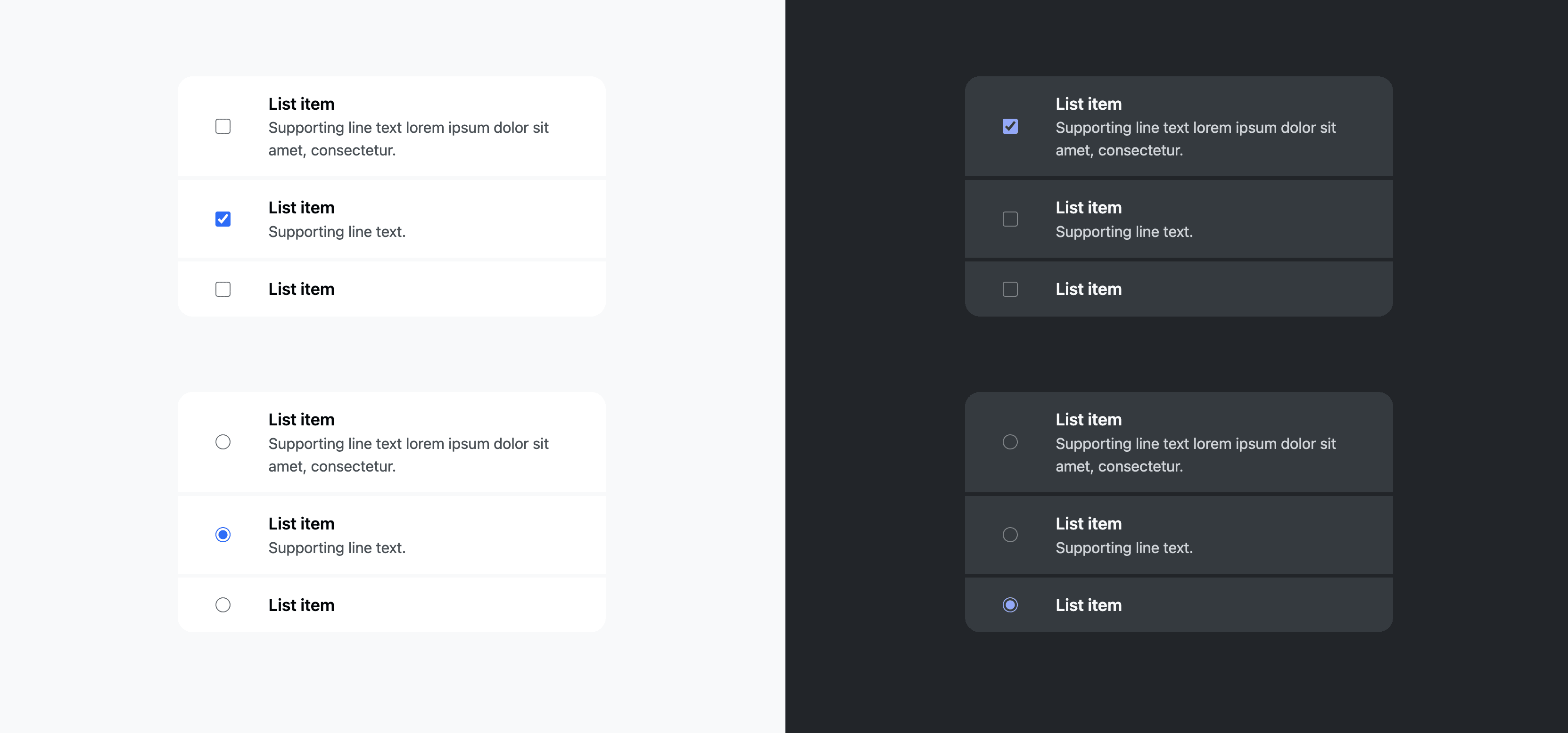 4 lists are shown, 2 checkbox and 2 radio. all have an expanded or undisclosed layout, as to not hide options behind dropdowns or anything.