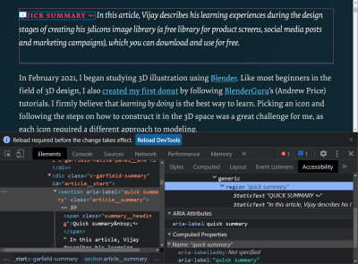 A screenshot of the Accessibility Tree in Chrome shows that when a section made into a region, the section is removed from the accessibility tree and replaced with a region