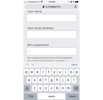 iOS’ on-screen keyboard is obscuring information about password requirements on a “Set a password” input. Screenshot.