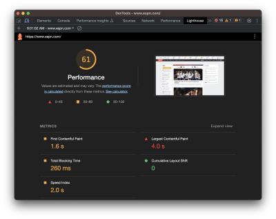 A screenshot of DevTools on espn.com with 61 scores on performance and total blocking time  equals to 260ms