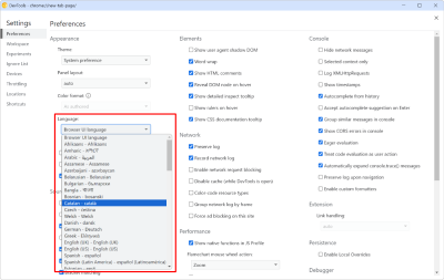 A screenshot of how to change a language for DevTools