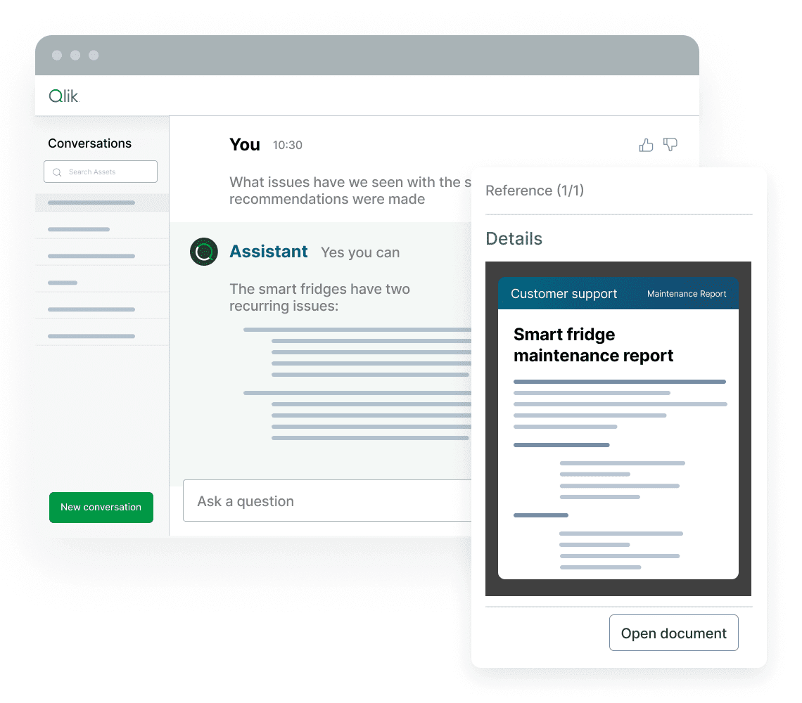 Graphic of a chat window with a conversation between a user and an AI assistant discussing appliance issues, accompanied by a highlighted "maintenance report" document.