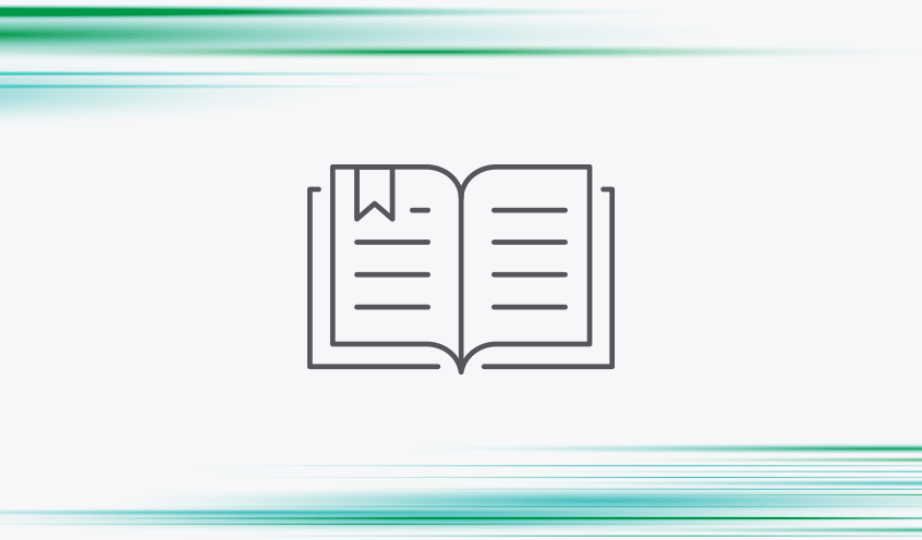 Simple illustrated icon of an open book with a bookmark, against a light stone background with green horizontal contrail streaks.