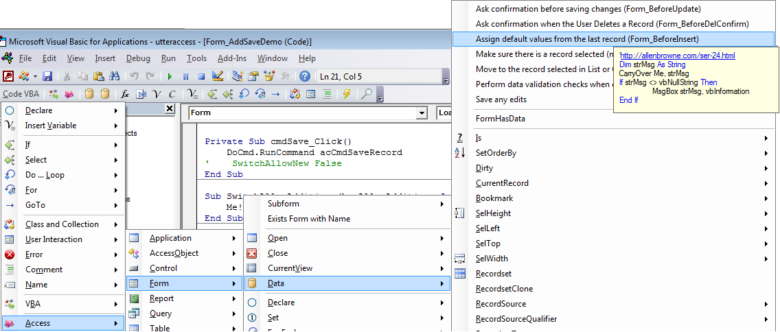 fragments in Code VBA add-in