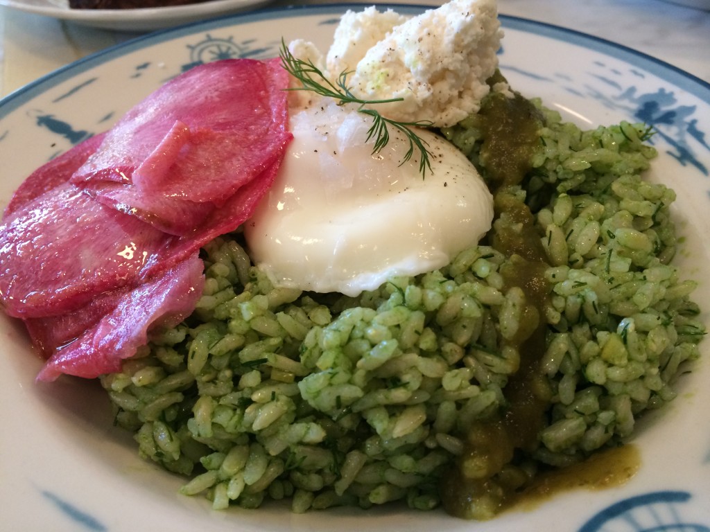 Kokuho Rose Brown Rice, Sorrel Pesto, Preserved Meyer Lemon, Lacto Fermented Hot Sauce, French Feta and Poached Egg