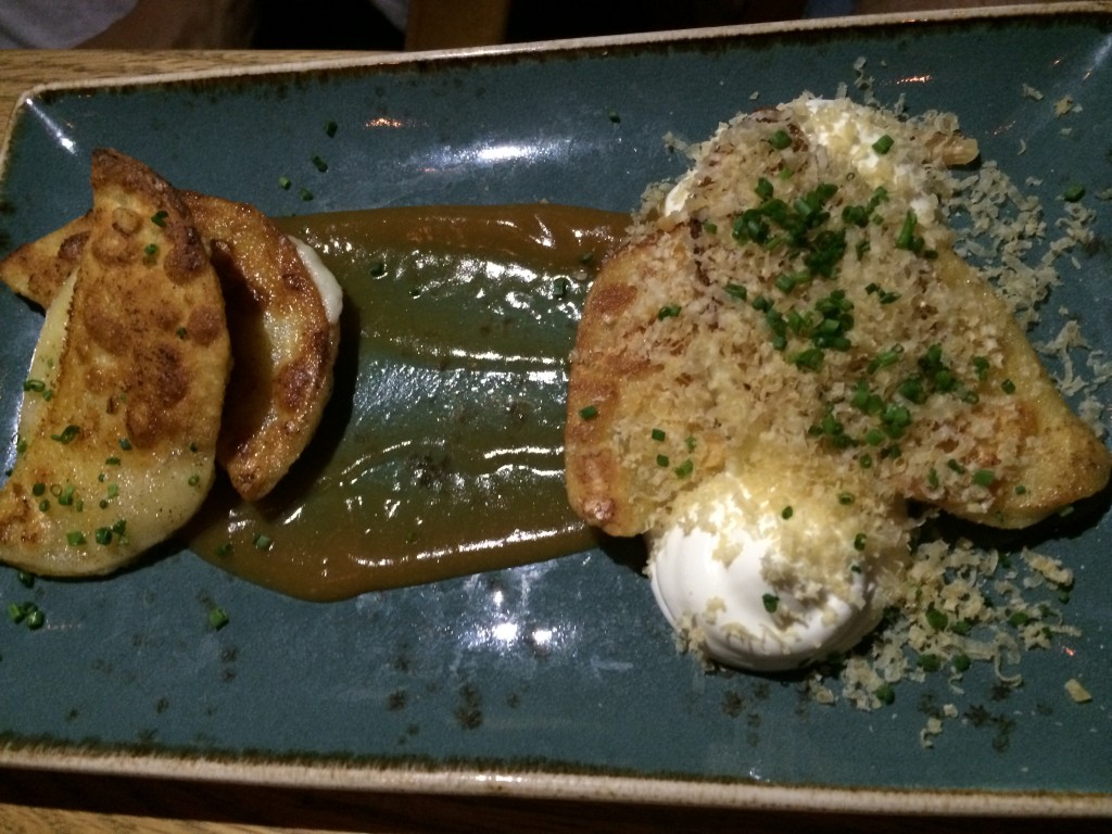 Osoky's Potato Pierogies with Peach Butter, Aged Gouda, Creme Fraiche and Chives