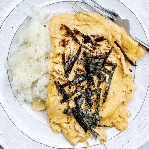 Photograph of Japanese Scrambled Eggs with Sticky Rice, Smoked Dulse and Roast Nori