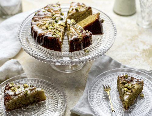 Photograph of Almond and Pistachio Cake with Pears, Lemon and Cardamom